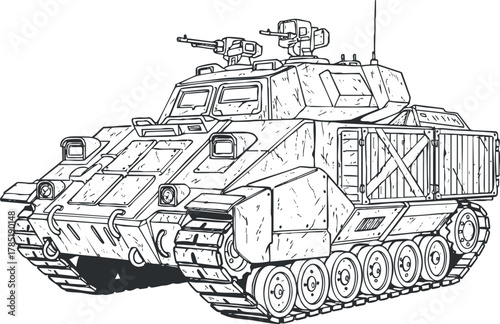 Outline vector illustration of a military armored vehicle, suitable for defense and transport concepts in design projects