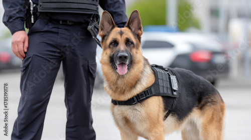 German shepherd dog stands proudly beside a police officer in tactical uniform, showcasing teamwork and dedication in law enforcement, highlighting the bond between canine and handler