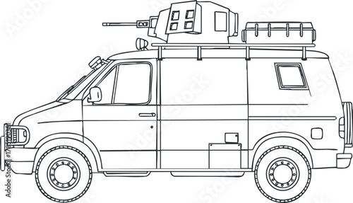 Outline vector illustration of a tactical van with mounted equipment, ideal for military or emergency service graphics
