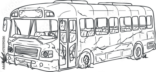 Detailed outline vector illustration of an abandoned bus, showcasing its dilapidated condition for urban design projects.