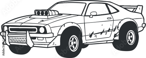 Stylized black and white vector illustration of a rugged racing car, ideal for automotive design projects and branding.