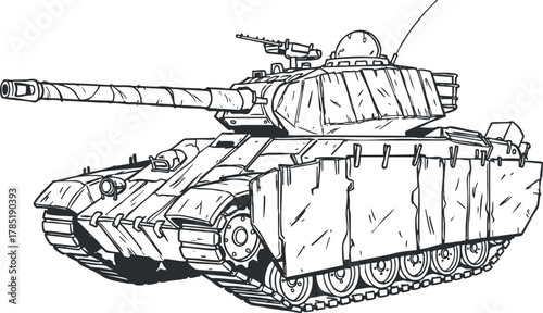 Detailed line art illustration of a military tank showcasing its armored design and weaponry for educational and creative projects