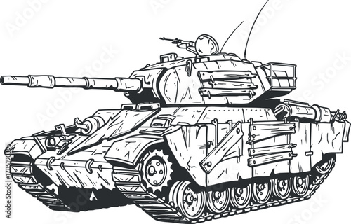 Detailed line art illustration of a military tank featuring a robust design and mechanical elements for educational and design purposes