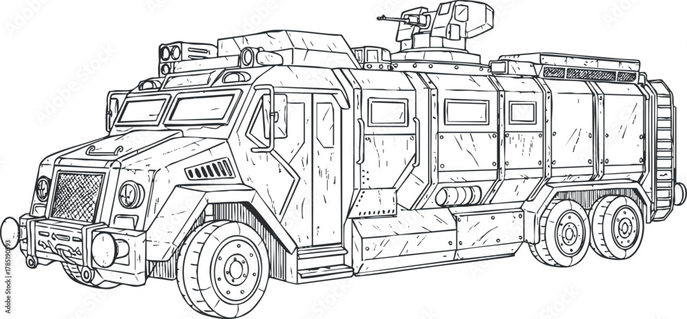 Naklejka premium Detailed outline vector illustration of an armored military transport vehicle for defense and security applications