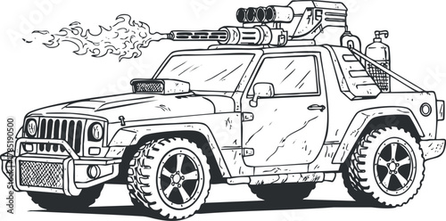 Detailed line art illustration of a powerful off-road military vehicle with mounted weapons, ideal for adventure and action-themed projects