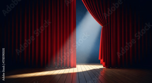 Stage Presence: A dramatic stage with a spotlight beaming onto the empty space and with a classic red curtain, ready to commence the show.