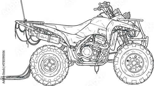 Detailed line art illustration of an all-terrain vehicle (ATV) featuring rugged tires and off-road capabilities for outdoor adventures