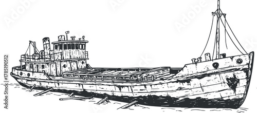 Detailed black and white vector illustration of a vintage ship, perfect for maritime-themed design projects