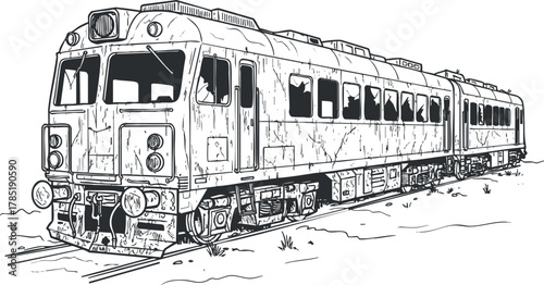 Detailed black and white vector illustration of a vintage train on railway tracks, perfect for travel and transportation designs