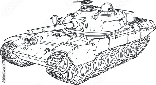 Outline vector illustration of a military tank, showcasing its detailed design and mechanical features for defense and combat contexts.