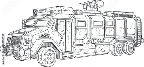 Detailed outline vector illustration of an armored military transport vehicle for defense and security applications
