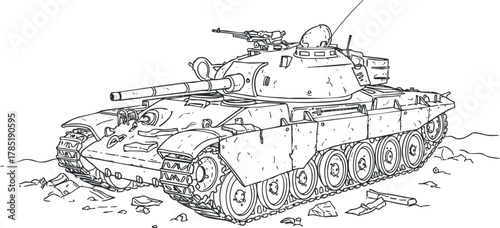Line art vector illustration of a military tank featuring a detailed outline suitable for educational or design purposes