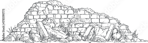 Detailed line art illustration of ancient ruins with overgrown vegetation and weathered stones, perfect for historical or cultural themes.