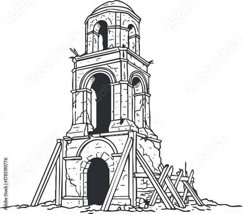 Detailed line art illustration of a dilapidated historical tower with scaffolding, suitable for architectural design and restoration concepts
