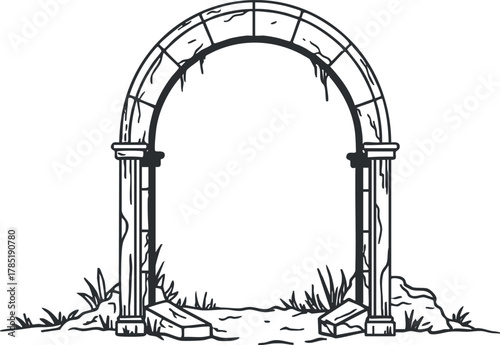 Outline vector illustration of an ancient stone archway surrounded by overgrown grass and natural elements for landscaping or historical designs