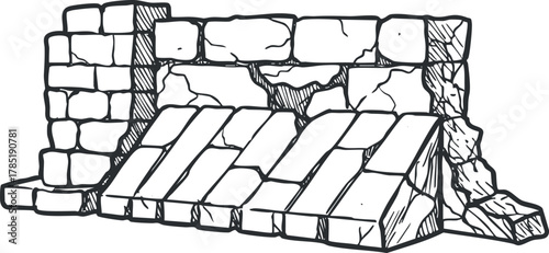 Hand-drawn outline illustration of a vintage stone wall, ideal for architectural designs and background elements.