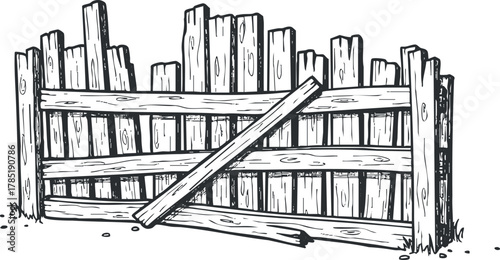 Hand-drawn vector illustration of a rustic wooden fence, ideal for rural design projects and nature-themed artwork
