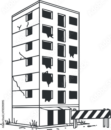 Outline vector illustration of a dilapidated building with broken windows, ideal for urban decay and architectural design concepts