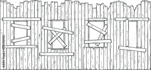 Outline vector illustration of a weathered wooden wall with boarded windows, ideal for design and architectural projects