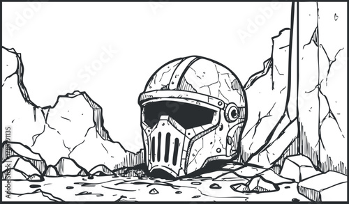 Detailed outline illustration of a cracked helmet resting among rocky ruins, ideal for fantasy and adventure themes