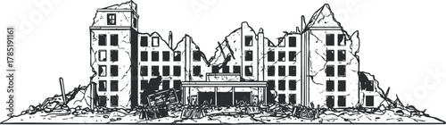 Sketch style vector illustration of a devastated building ruins and rubble, ideal for disaster-themed projects or urban decay concepts