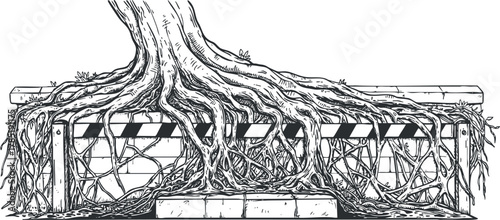 Intricate black and white vector illustration of a tree with roots entwined around a barrier, symbolizing nature's resilience and growth
