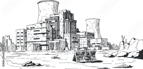 Detailed monochrome vector illustration of an abandoned industrial complex featuring a nuclear power plant in a desolate landscape.
