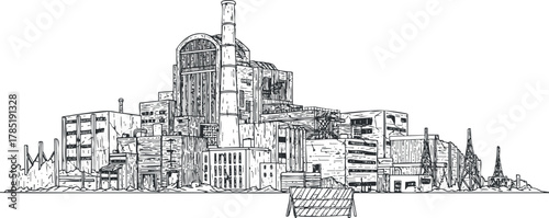 Detailed monochrome vector illustration of a complex urban cityscape with various architectural styles and structures
