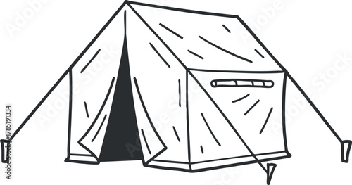 Minimalist line art vector illustration of a camping tent for outdoor adventure and travel design projects