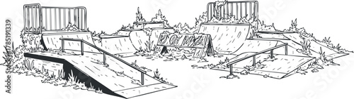 Black and white vector illustration of a skatepark featuring ramps and rails, ideal for urban and sports-themed designs