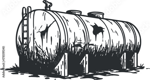 Detailed black and white vector illustration of a rusty oil tank, perfect for industrial design projects and environmental themes