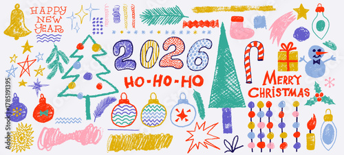 Colourful charcoal drawings in a children's style for the New Year holidays. Hand drawn doodle pencil drawn element for holidays 2026 and Merry Christmas. Vector Happy New Year 2026. Charcoal drawings