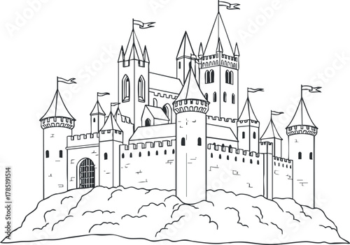 Detailed outline vector illustration of a majestic medieval castle on a hill, ideal for coloring books and design projects