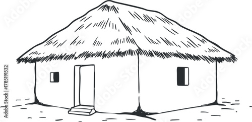 Hand-drawn vector illustration of a traditional thatched roof house, perfect for rural design projects and landscapes