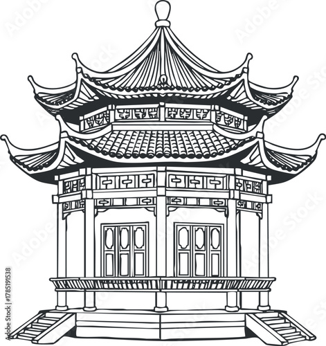 Detailed outline vector illustration of a traditional Asian pagoda building, ideal for cultural and architectural design projects