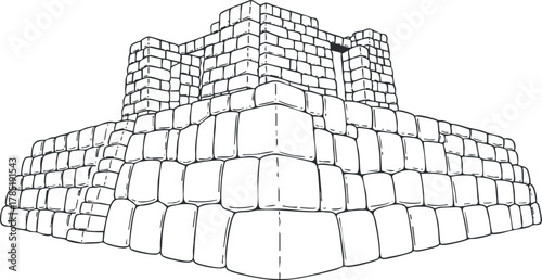 Outline vector illustration of an ancient fortress with a geometric design, suitable for architectural and historical projects