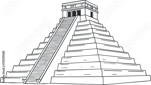 Outline vector illustration of a Mayan pyramid temple, showcasing ancient architecture and cultural heritage for design and educational projects