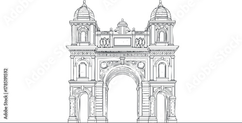 Detailed line art vector illustration of a historical arch monument featuring domes and intricate design for travel and architecture projects