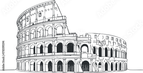 Detailed outline vector illustration of the Colosseum in Rome, perfect for travel-themed designs and educational projects