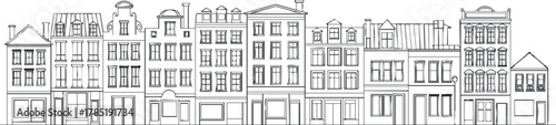 Linear vector illustration of a row of various architectural buildings in an urban cityscape style for design projects