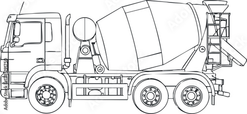Detailed outline vector illustration of a cement mixer truck for construction and engineering projects