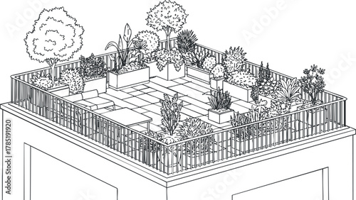 Outline vector illustration of a rooftop garden featuring various plants and trees, ideal for landscaping and urban design projects