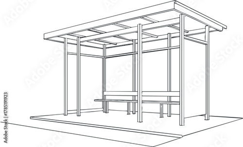Outline vector illustration of a modern outdoor shelter design featuring a table and seating area, ideal for architectural projects