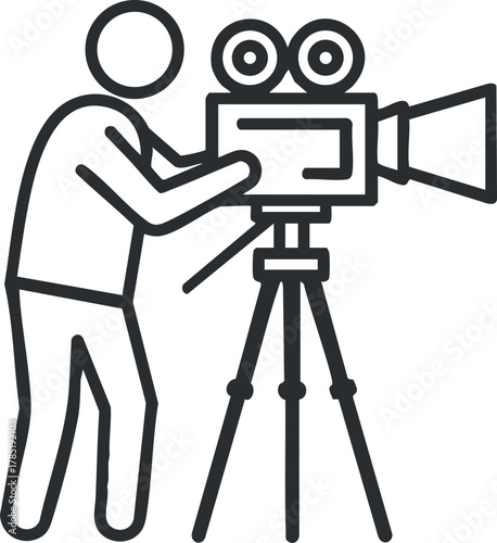Minimalist outline vector illustration of a filmmaker operating a vintage camera, ideal for media and entertainment projects.
