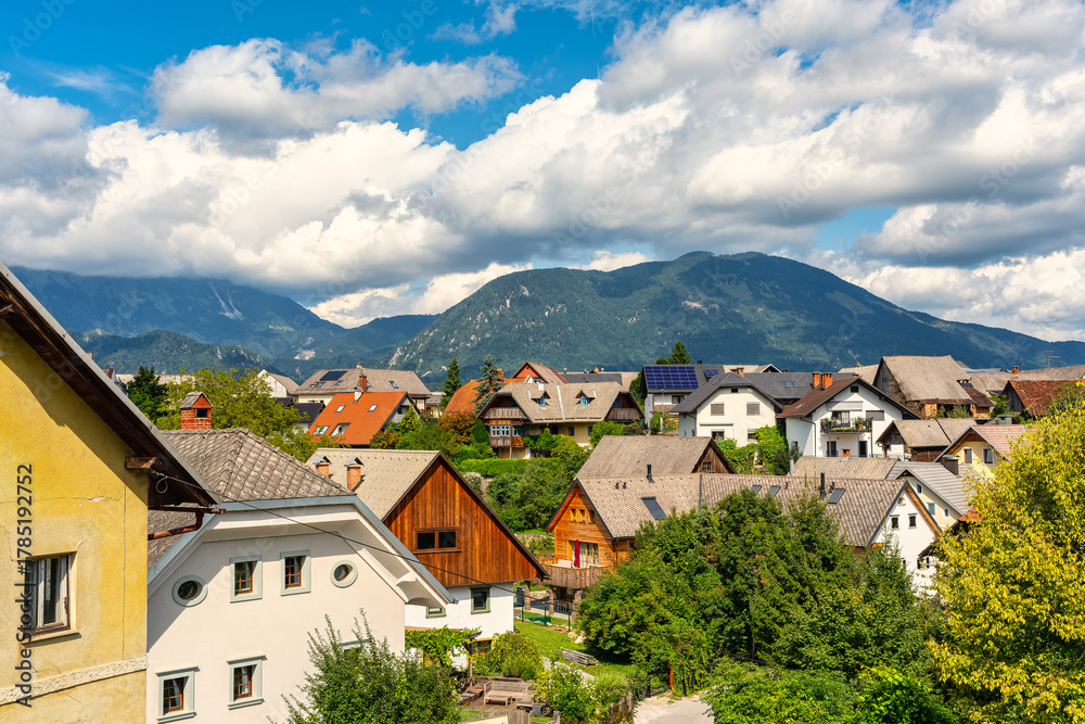 Fototapeta premium Mountain houses by the Julian Alps in the town of Radovljica, Slovenia.