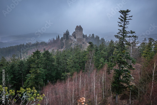 Kašperk Castle in the Šumava Mountains, Czech Republic, Surrounded by Dense Forest and Misty Hills. Atmospheric Medieval Fortress Landscape in Moody Weather.