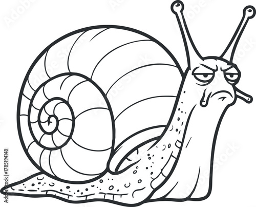Whimsical cartoon vector illustration of a snail with a comical expression, ideal for children's design and nature themes
