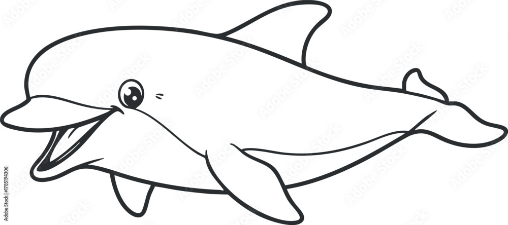 Fototapeta premium Cute cartoon vector illustration of a smiling dolphin, perfect for children's education and marine-themed designs