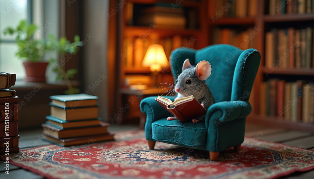 Naklejka premium Cute mouse reads tiny book sitting in small blue armchair. Little animal truly enjoys story time in peaceful home library with many books inside. Bookshelves, soft lamp light, comfortable setting