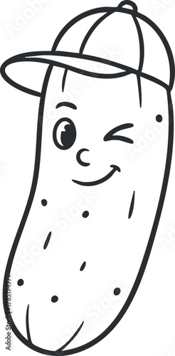 Playful cartoon vector illustration of a smiling, winking pickle character wearing a cap, ideal for fun food designs and branding.